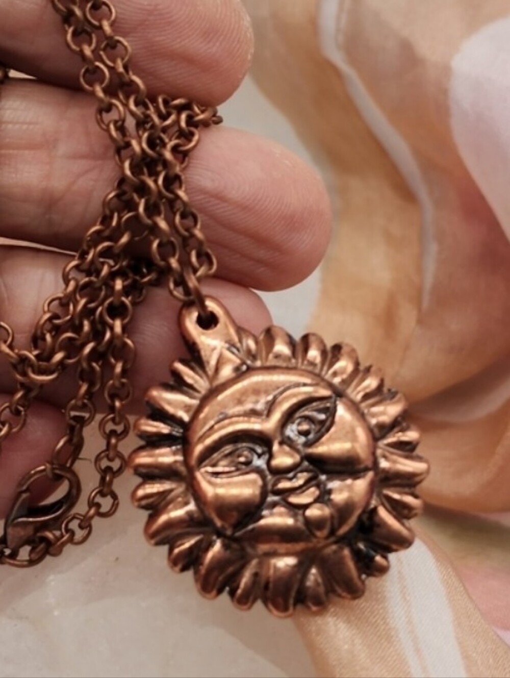 ❤️ Copper Jewelry Boho Necklace Chain Face Angel Inka Sun Pendant Hypoallergenic